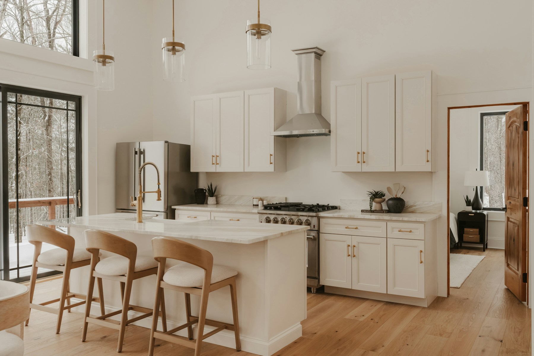 Natural oak cabinets and light stone worktop